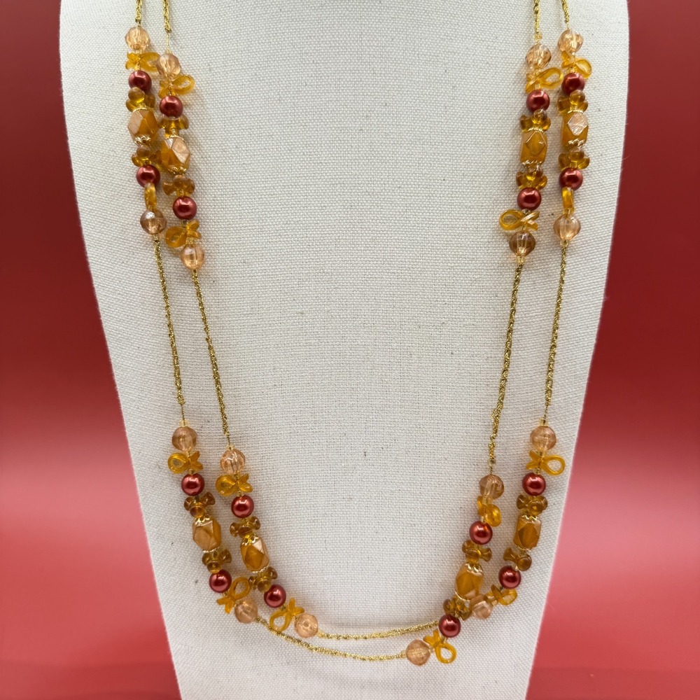 Double Strand Amber Burgundy Beaded Necklace Gold Tone Long Vintage Boho Gift